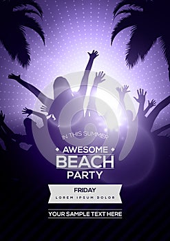 Dancing Young People Silhouettes on Summer Beach Party Flyer Template - Vector Design