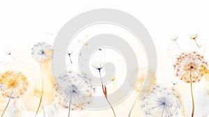 Dandelion background. The wind blows dandelion seeds. Template for your design. Generative AI