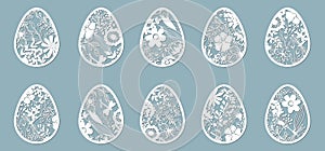 Dandelion, bell, leaves, flowers, fern, chamomile carved in egg. Vector illustration. Easter eggs for Easter holidays. Set of