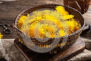 Dandelion blossoms in a wicker basket