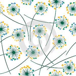 Dandelion blowing plant vector floral seamless pattern. Flowers with heart shaped petals