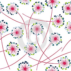 Dandelion blowing plant vector floral seamless pattern. Flowers with heart shaped petals.