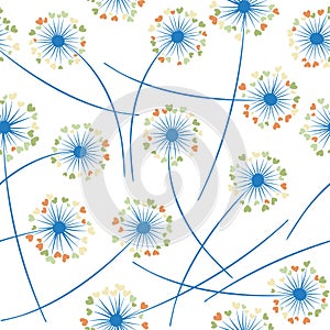 Dandelion blowing plant vector floral seamless pattern. Flowers with heart shaped petals.