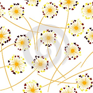 Dandelion blowing plant vector floral seamless pattern. Flowers with heart shaped petals.