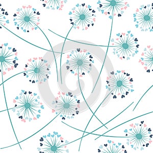 Dandelion blowing plant vector floral seamless pattern. Flowers with heart shaped petals.