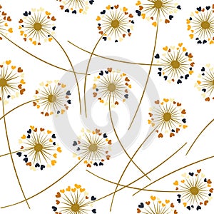 Dandelion blowing plant vector floral seamless pattern. Flowers with heart shaped petals