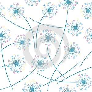 Dandelion blowing plant vector floral seamless pattern. Flowers with heart shaped petals.