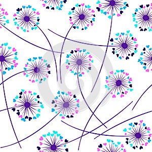 Dandelion blowing plant vector floral seamless pattern. Flowers with heart shaped petals.