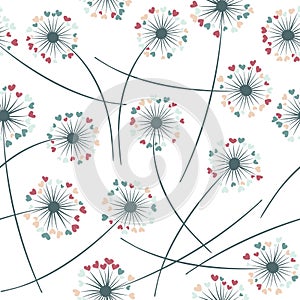 Dandelion blowing plant vector floral seamless pattern. Flowers with heart shaped petals.