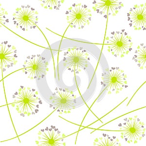 Dandelion blowing plant vector floral seamless pattern. Flowers with heart shaped petals