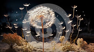 a dandelion blowing in the wind on a dark background. generative ai