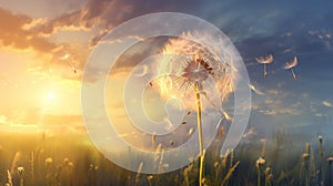 a dandelion blowing in the wind in a field. generative ai