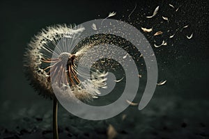 dandelion blowing in the wind, its seeds flying away