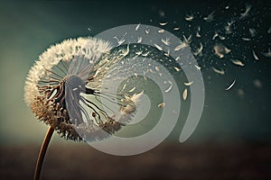 dandelion blowing in the wind, its seeds flying away