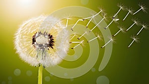 Dandelion clock morning sun seeds blowing away across fresh green background