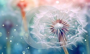 Dandelion develops in the wind. A flower at sunrise in a field For banner, postcard, book illustration. Created with generative AI