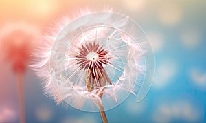 Dandelion develops in the wind. A flower at sunrise in a field For banner, postcard, book illustration. Created with generative AI