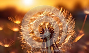 Dandelion develops in the wind. A flower at sunset in a field For banner, book illustration. Created with generative AI tools