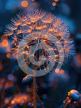 Dandelion with dew drops and a mystical light effect., Generated AI