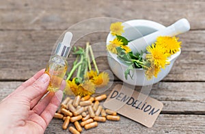 Dandelion extract and homeopathic supplements. Selective focus.