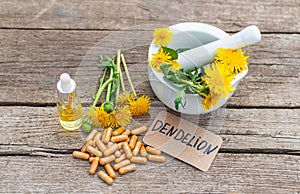 Dandelion extract and homeopathic supplements. Selective focus.