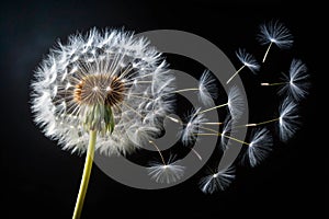 Dandelion falling with black background photo