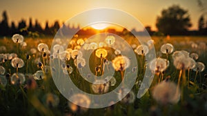 Dandelion Field With Flying Seeds At Sunset, generative ai