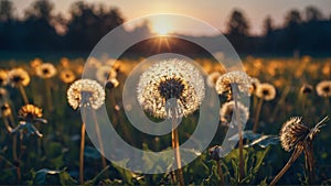 Dandelion field with sunset background. Close-up of dandelion plant with blurred beautiful nature panorama. AI Generated