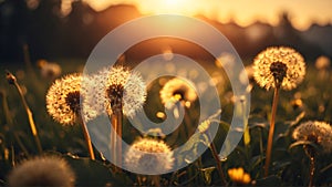 Dandelion field with sunset background. Close-up of dandelion plant with blurred beautiful nature panorama. AI Generated