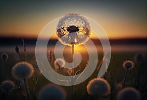 Dandelion In Field At Sunset.illustration. AI generative