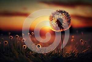 Dandelion In Field At Sunset.illustration. AI generative