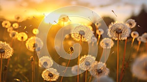 Dandelion In Field At Sunset. Neural network AI generated Neural network AI generated