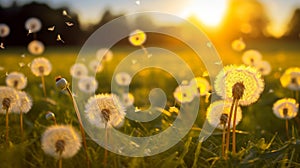 Dandelion In Field At Sunset. Neural network AI generated Neural network AI generated