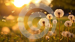 Dandelion In Field At Sunset. Neural network AI generated Neural network AI generated