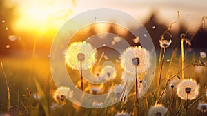 Dandelion In Field At Sunset. Neural network AI generated Neural network AI generated