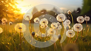 Dandelion In Field At Sunset. Neural network AI generated Neural network AI generated