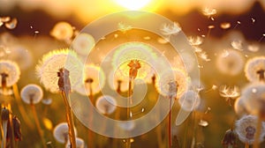 Dandelion In Field At Sunset. Neural network AI generated Neural network AI generated