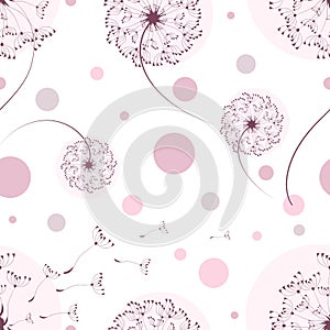 Dandelion field. Vector background, pattern. Tender flying dandelion flowers on a white. Decorative seamless pattern