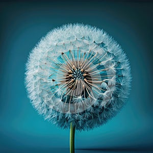 Dandelion Flower on Blue Background. Illustration AI Generative