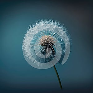 Dandelion Flower on Blue Background. Illustration AI Generative