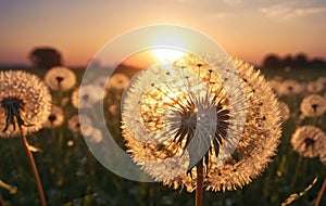 Dandelion flower in the field at sunset. Beautiful nature background.