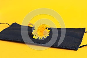 A dandelion flower lies on a black protective mask on a yellow background, close-up-the concept of the impossibility of a