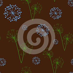 Dandelion flowers on brown background seamless pattern