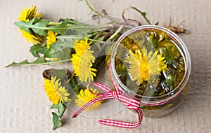 Dandelion flowers and homemade oil top view