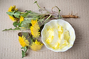 Dandelion flowers with homemade salve top view