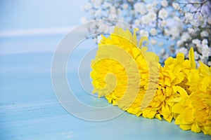 Dandelion flowers on the wooden background