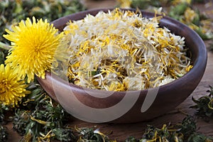 Dandelion flowers in a wooden bowl