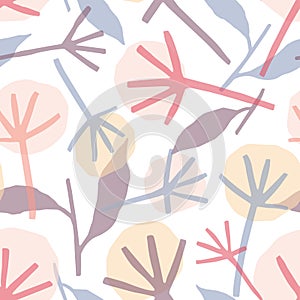 Dandelion hand drawn vector seamless pattern. Multicolor blossom silhouette decorative texture. Abstract blowball