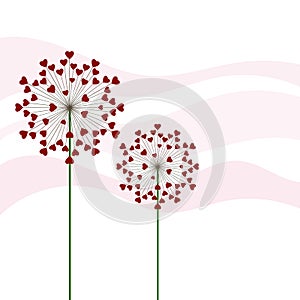 Dandelion with hearts. Happy Valentine's day greeting card. Lovely romance flower. Congratulation with