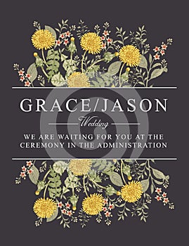Dandelion isolated floral. Wedding invitation flowers. Vintage card. Drawing engraving frame. Wallpaper vector illustration